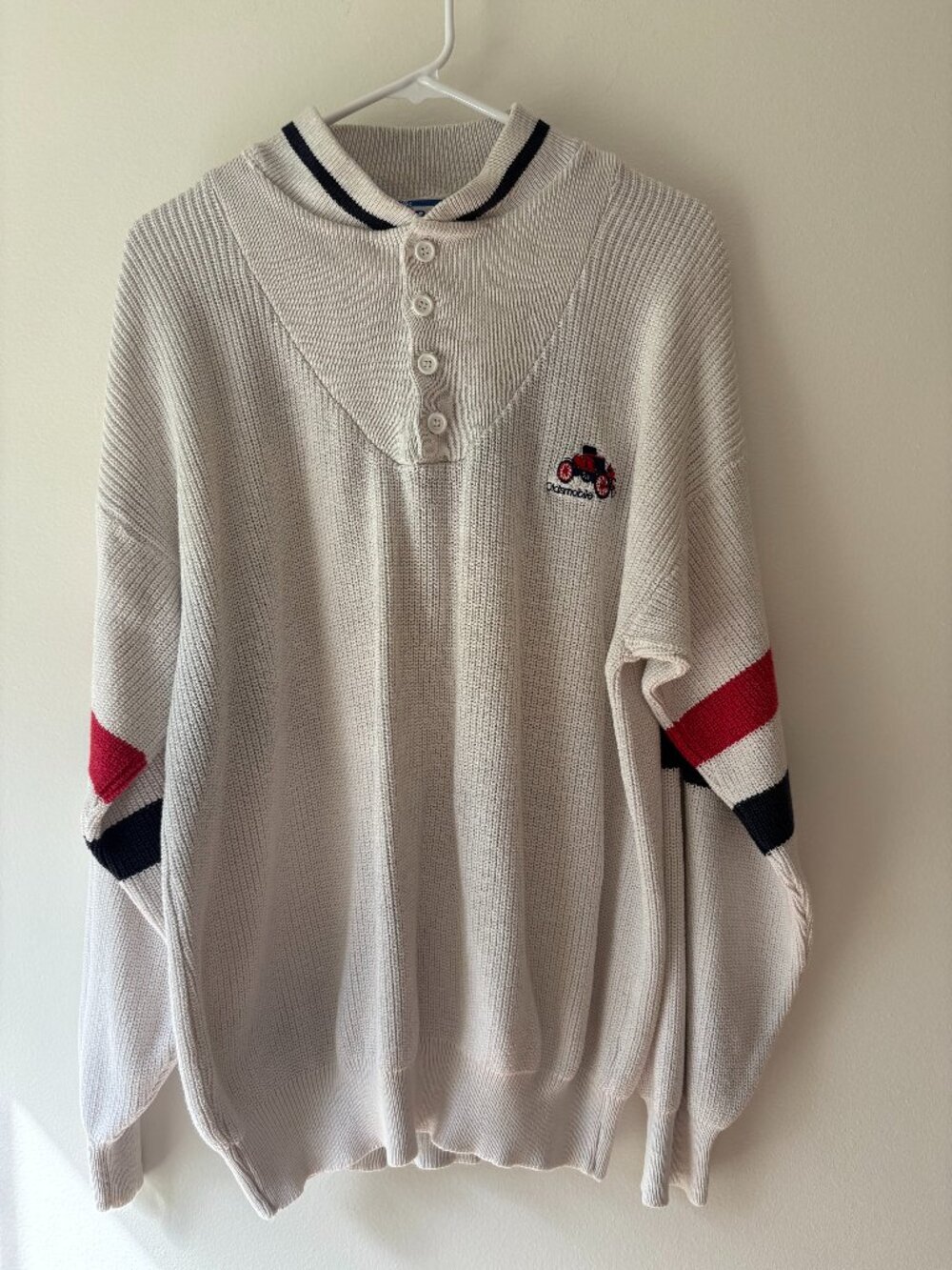 Vintage 90s Oldsmobile Racing Henley Sweater Cream Knit Varsity L
